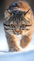 Close-up portrait of wild cat walking in snow with intense amber eyes and focused expression, snowflakes on fur, dramatic lighting creates atmospheric winter scene.