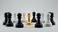 Golden chess pawn stands out among black and white pieces on gray background, symbolizing leadership, strategy, and uniqueness in business competition.