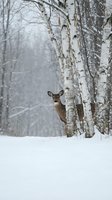 White-tailed deer peeks curiously from behind birch trees in a snowy winter forest during a snowfall, capturing wildlife in nature.