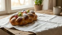 Freshly baked challah bread with golden crust on linen cloth near sunny window. Traditional braided loaf for breakfast, holidays, and bakery displays.