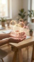 Hands holding glowing translucent bubbles floating upward in a bright cozy office, symbolizing creativity, innovation, and digital technology concepts.