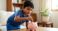 Young Hispanic boy in blue shirt putting coin into pink piggy bank at home table, learning financial literacy and saving money habits for future goals.
