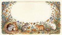 Adorable woodland animals border frame with squirrels, hedgehog and rabbit among autumn foliage on cream background for greeting cards and invitations.
