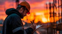 Construction worker in hard hat using tablet at sunset on building site with dramatic orange sky and industrial equipment in background.