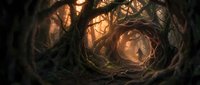 Mystical forest tunnel with twisted branches creating natural archway leading to glowing light. Fantasy woodland scene for storytelling and adventure themes.