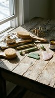 Natural spa wellness tools arranged on rustic wooden table with soft sunlight streaming through window for relaxation and self-care routine.