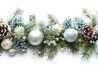 Festive winter border with silver ornaments, frosted pine cones, and evergreen branches on white background, arranged in horizontal composition for holiday designs.
