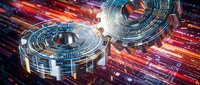 Futuristic digital cryptocurrency coins with glowing circuit patterns and light streaks representing blockchain technology and digital finance innovation.