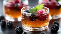 Refreshing summer cocktail garnished with fresh blackberries and mint leaves in elegant glass, bubbles rising through golden liquid against dark background.