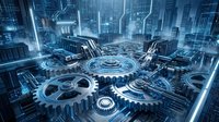 Interconnected gears and cogs overlaid on futuristic cityscape with glowing blue neon lights, representing technology, innovation, and industrial progress for business concepts.