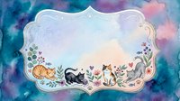 Watercolor label frame with cute cats and floral elements on a colorful background, perfect for greeting cards, invitations, and stationery design.