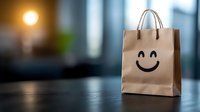 Shopping bag with drawn happy smiling face standing on dark table surface against blurred window background with warm sunlight glow creating cozy atmosphere.