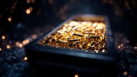 Glowing golden crystals in dark box create magical atmosphere with bokeh light effects and mysterious shadows. Macro photography for mystical concept.