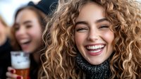 Young mixed race woman with curly blonde hair and bright smile wearing turtleneck sweater, laughing with friend enjoying social gathering. Lifestyle portrait.