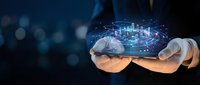 Hands holding glowing digital globe with network connections and data visualization, representing global technology, cloud computing, and digital transformation for business solutions.