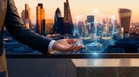 Businessman hand presenting digital network connections over modern city skyline at sunset for technology and communication concepts.