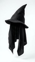 Black wizard hat with flowing fabric cape isolated on white background for Halloween costume design and magical themed projects.