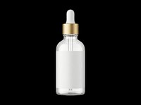 Clear glass dropper bottle with white label and gold metallic cap, isolated on transparent background. Ready for cosmetic, skincare, and wellness product design use on t-shirts, stickers, and print-on-demand items.