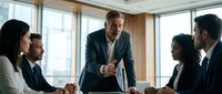Middle-aged Caucasian male executive in dark suit leading business meeting with diverse team of four professionals in modern office conference room with large windows.