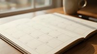 Open planner notebook on a wooden desk with a blurred coffee mug and pen in a cozy workspace setting for scheduling and planning.