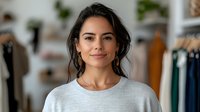 Young Hispanic woman with natural makeup and white sweater smiling warmly in retail clothing store setting with blurred background of clothes racks and shelves.