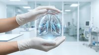 Hands in medical gloves holding holographic lung scan in modern laboratory environment, representing respiratory health, pulmonology research, and advanced diagnostic technology for healthcare applications.