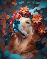 Golden retriever wearing floral crown against turquoise and orange background. Dog portrait with closed eyes and serene expression surrounded by autumn flowers.