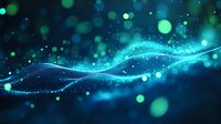 Glowing turquoise wave with sparkles and bokeh effects on dark background creates magical atmosphere for abstract designs and festive backgrounds.