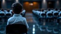 Young Asian male student sitting alone in empty auditorium with rows of chairs, viewed from behind. Dark moody atmosphere with dramatic lighting creates contemplative scene.