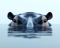Partially submerged hippopotamus eyes and ears visible above calm water surface, creating mysterious and dramatic wildlife scene in soft blue tones.