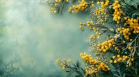Yellow mimosa flowers branch with green leaves on turquoise textured background. Spring floral border design with copy space for text or greeting.