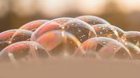 Colorful soap bubbles floating in warm golden sunlight with rainbow reflections and bokeh background for relaxation and childhood memories.