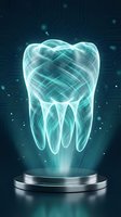 Futuristic holographic tooth projection on metallic platform with glowing cyan light effects and digital circuit board background for dental technology concepts.