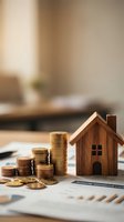 Wooden house model with stacked gold coins on financial documents representing real estate investment, mortgage planning, property savings and home buying concept.