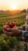Farmer hands holding fresh ripe tomatoes at sunset in agricultural field. Organic farming and harvest concept for healthy food production and sustainability.