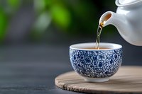 Pouring hot tea from white ceramic teapot into traditional blue and white porcelain cup with ornate pattern, placed on wooden serving board against dark background.