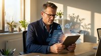 Middle-aged Caucasian businessman with glasses using tablet with holographic digital interface in modern office workspace for technology and business concepts.
