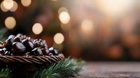 Chocolate truffles in wicker basket with pine branches and warm bokeh lights creating festive holiday atmosphere for seasonal celebrations and gift giving.