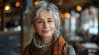 Portrait of elegant mature woman with silver gray hair wearing brown coat and scarf, warm bokeh background perfect for lifestyle and aging gracefully concepts.