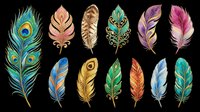 Colorful decorative feathers set isolated on transparent background, ready for t-shirt design, stickers, clipart, sublimation, and print on demand projects.