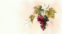 Watercolor grape cluster with green leaves and curling vines on soft beige background for wine labels, kitchen decor and botanical illustrations.