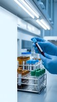 Medical laboratory technician in blue gloves holding blood sample test tube in modern clinical research facility for diagnostic testing and analysis.