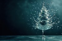 Water splash forming elegant Christmas tree shape in wine glass against dark teal background, creating festive holiday atmosphere.
