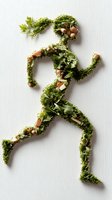 Running figure silhouette created from fresh green kale leaves and mushroom pieces arranged on white background, representing healthy lifestyle and fitness nutrition.