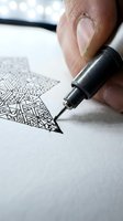 Close-up of hand holding fine-tip pen drawing intricate geometric patterns on white paper. Adult male artist creating detailed line work and design illustration for art projects and creative work.