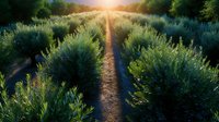 Rows of olive trees in agricultural plantation at sunset with golden sunlight streaming through creating dramatic shadows on dusty soil path.