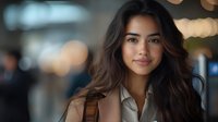 Young professional Hispanic woman with long wavy brown hair in beige blazer smiling confidently in modern office environment with bokeh lights background.