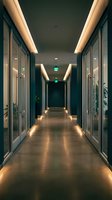 Modern office corridor with glass walls and warm LED ceiling lighting creating professional corporate atmosphere for business interior design.
