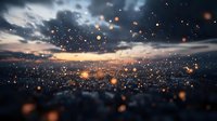 Dramatic sunset cityscape with glowing bokeh particles floating in dark moody sky, creating magical atmosphere for background and wallpaper designs.