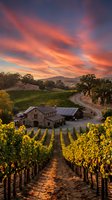 Aerial view of a wine country estate at sunset with golden vineyards, stone farmhouse, solar panels, winding road, and rolling hills under dramatic orange and purple sky.